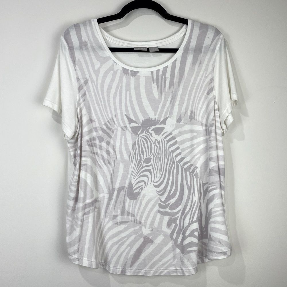 Chico’s Zenergy Zebra Print Tee Shirt Top 2 / 12 14 Gray Purple White